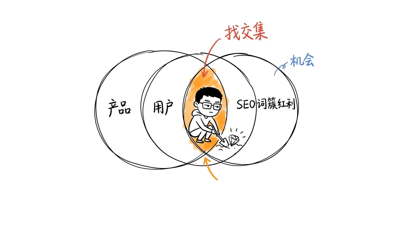 图 04:产品、用户、SEO词簇红利三圈交集,挖到甜点