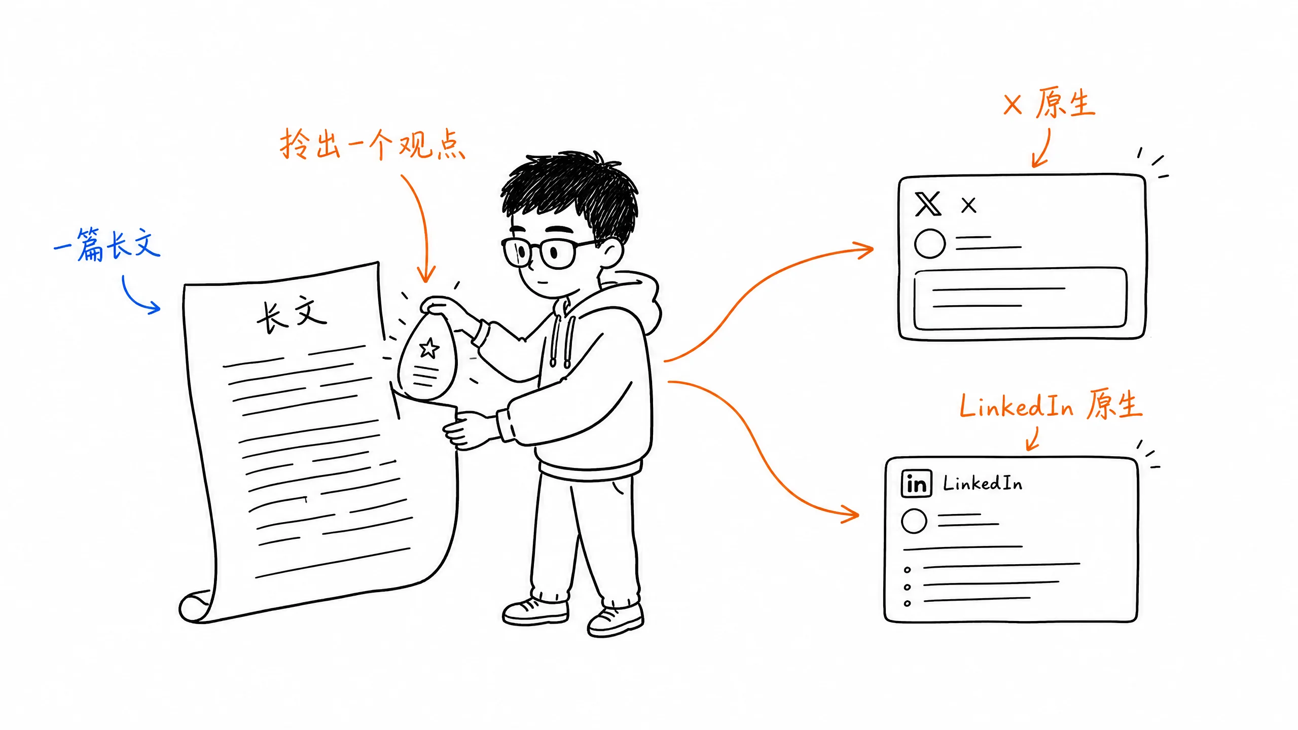 图 01：一篇长文，拎出一个最值得传播的观点，再改写成 X 和 LinkedIn 的原生内容。