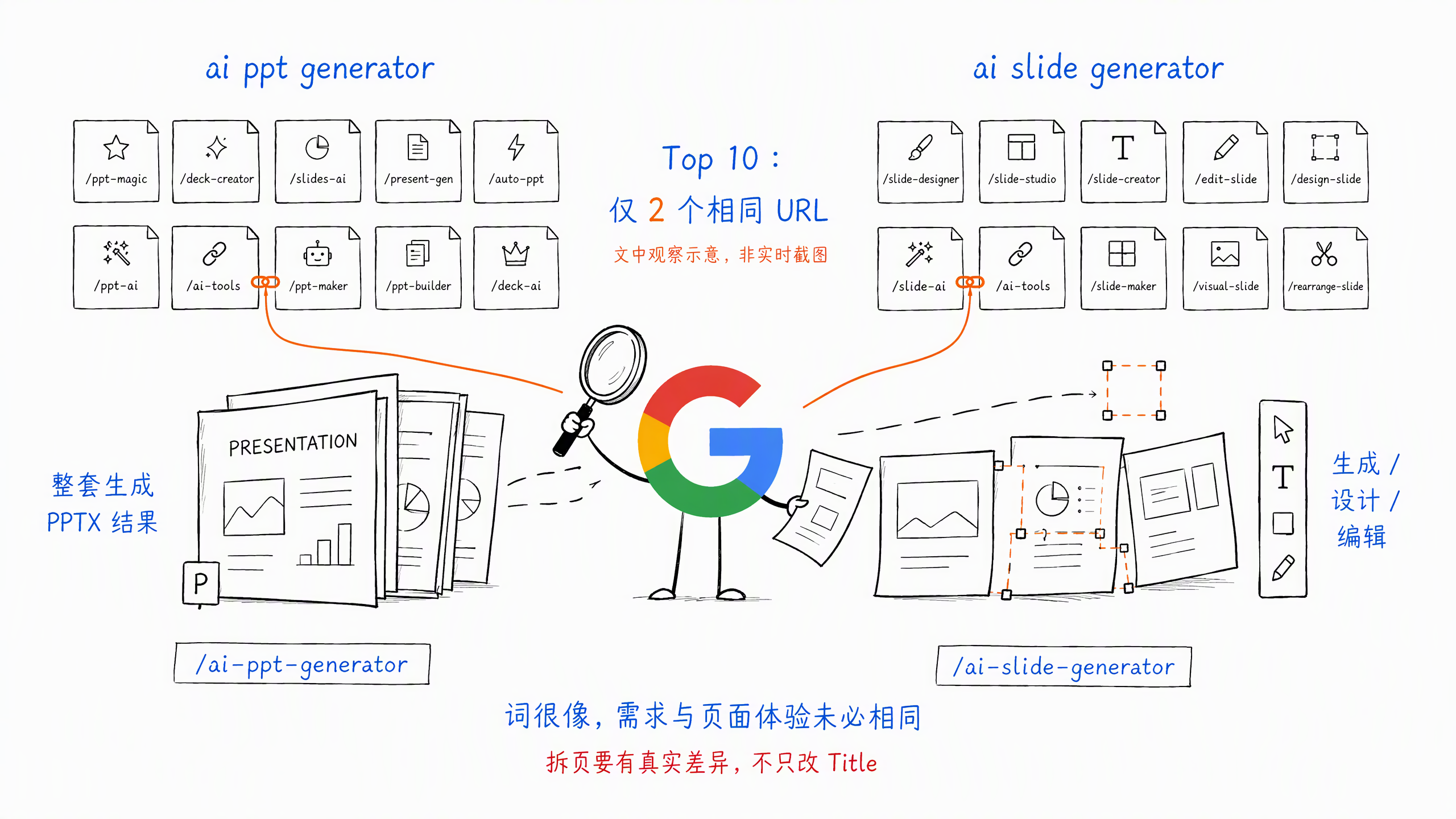 图 6-4：AI PPT Generator 与 AI Slide Generator 的 SERP 和需求差异