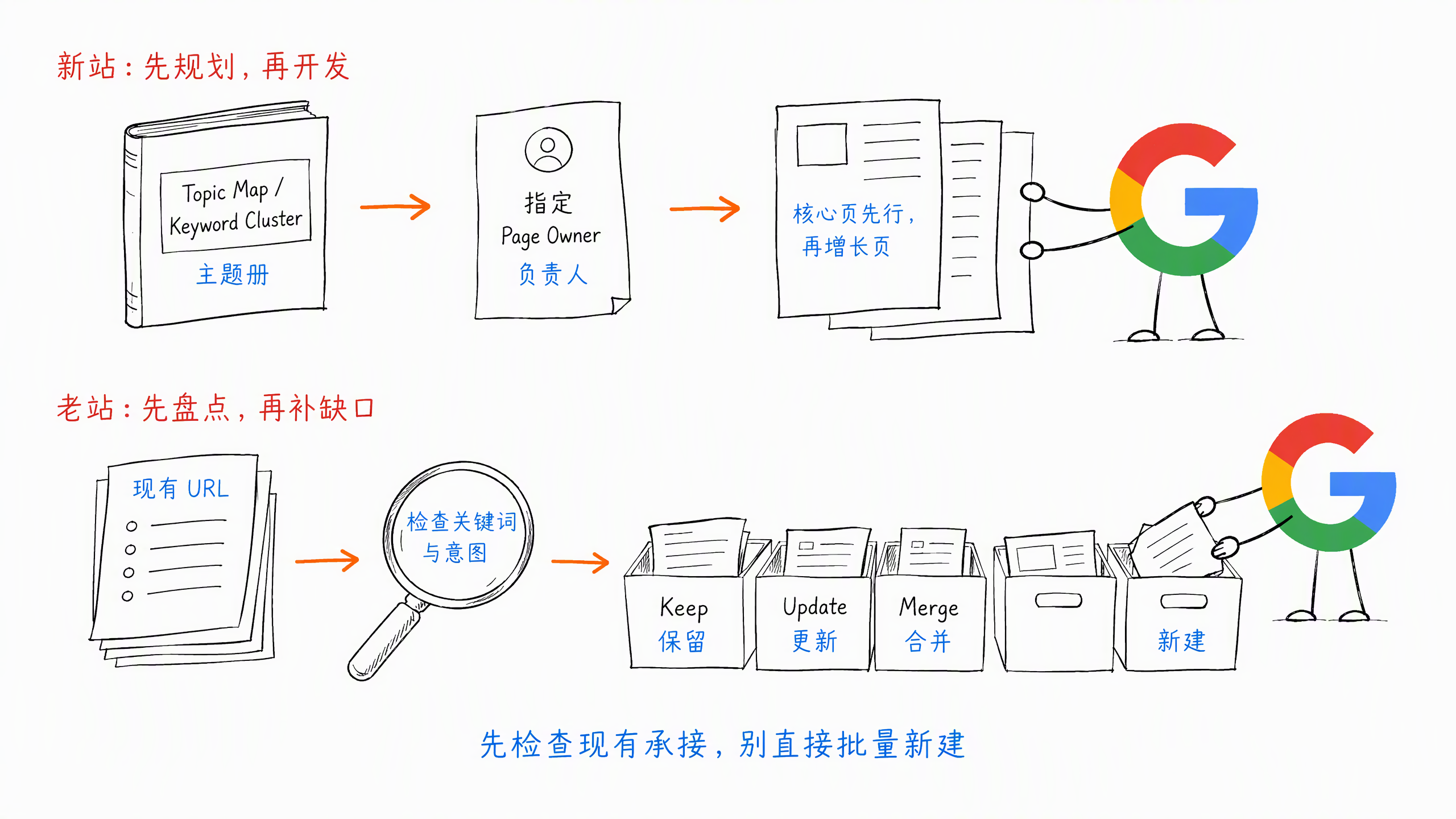 图 6-7：新站规划与老站盘点的 Keyword-to-Page 流程