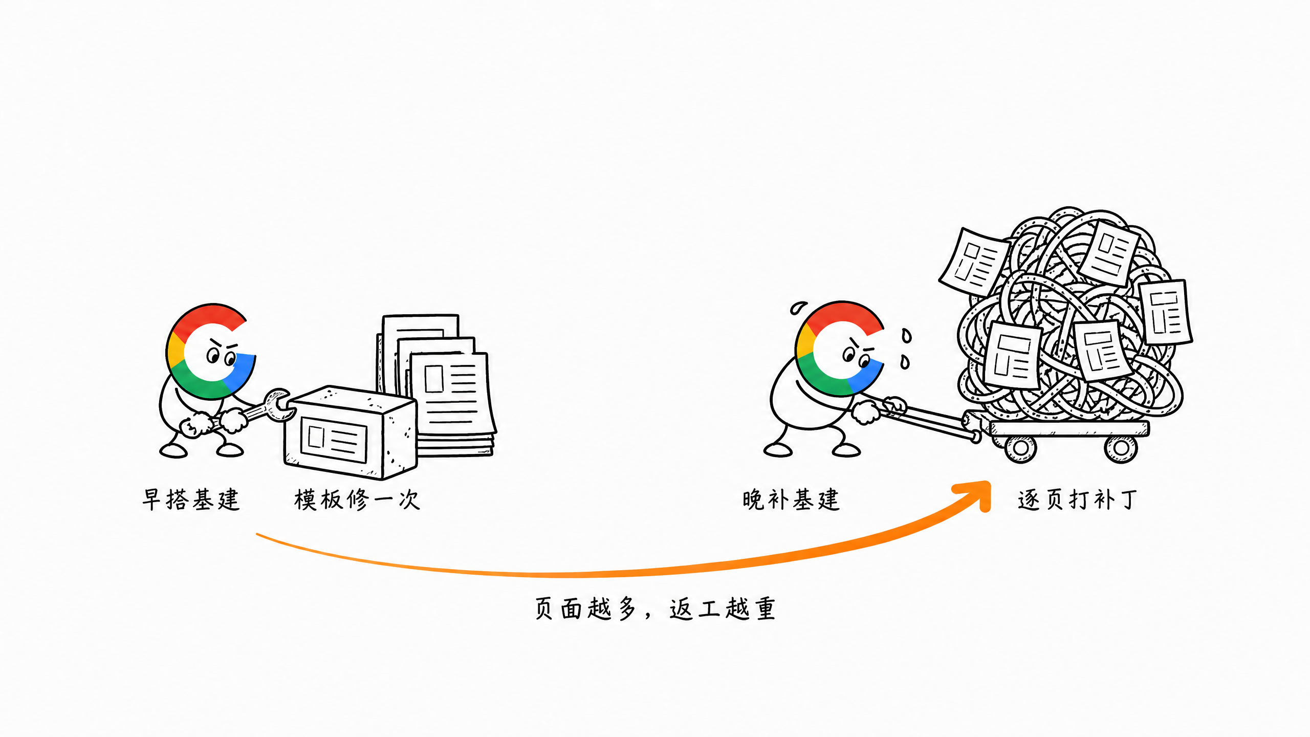 图 8-2：越晚修，SEO 技术债越重
