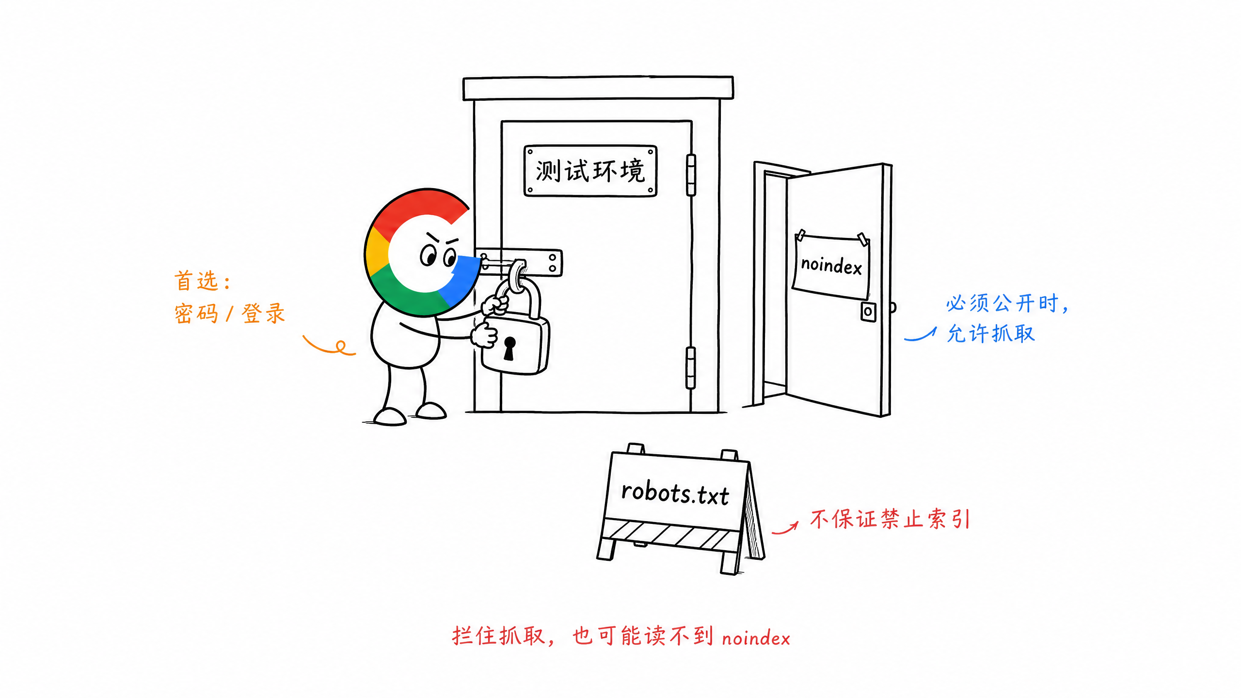 测试环境使用密码保护、noindex 与 robots.txt 的边界