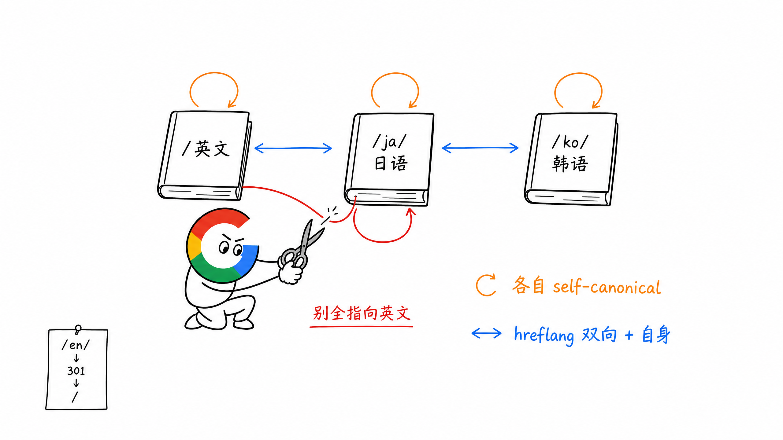 多语言页面的 self-canonical 与 hreflang 正确关系