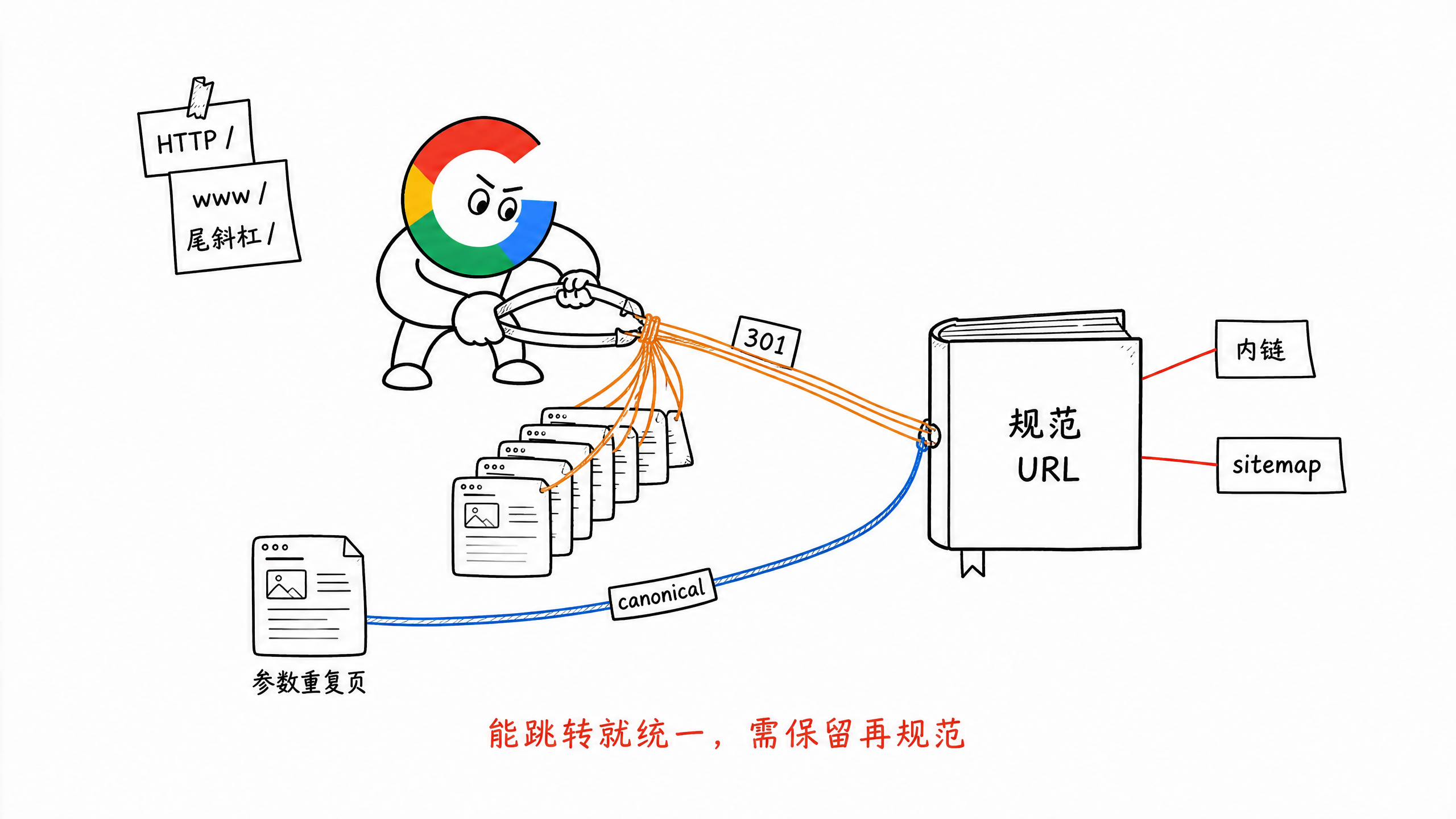 HTTP、www、尾斜杠和参数 URL 汇总到唯一规范 URL
