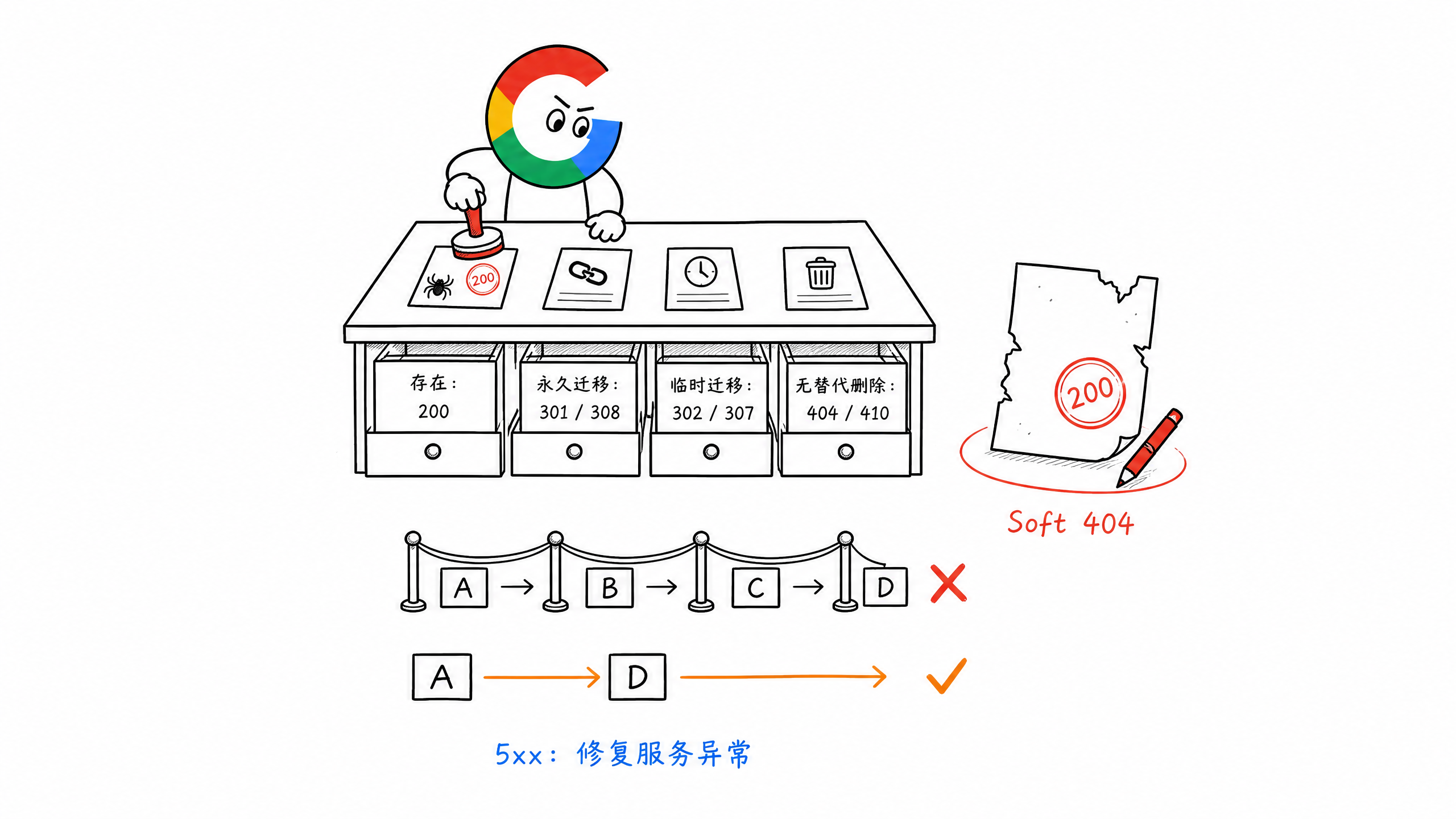 200、301、302、404、410 与 5xx 状态码处理决策