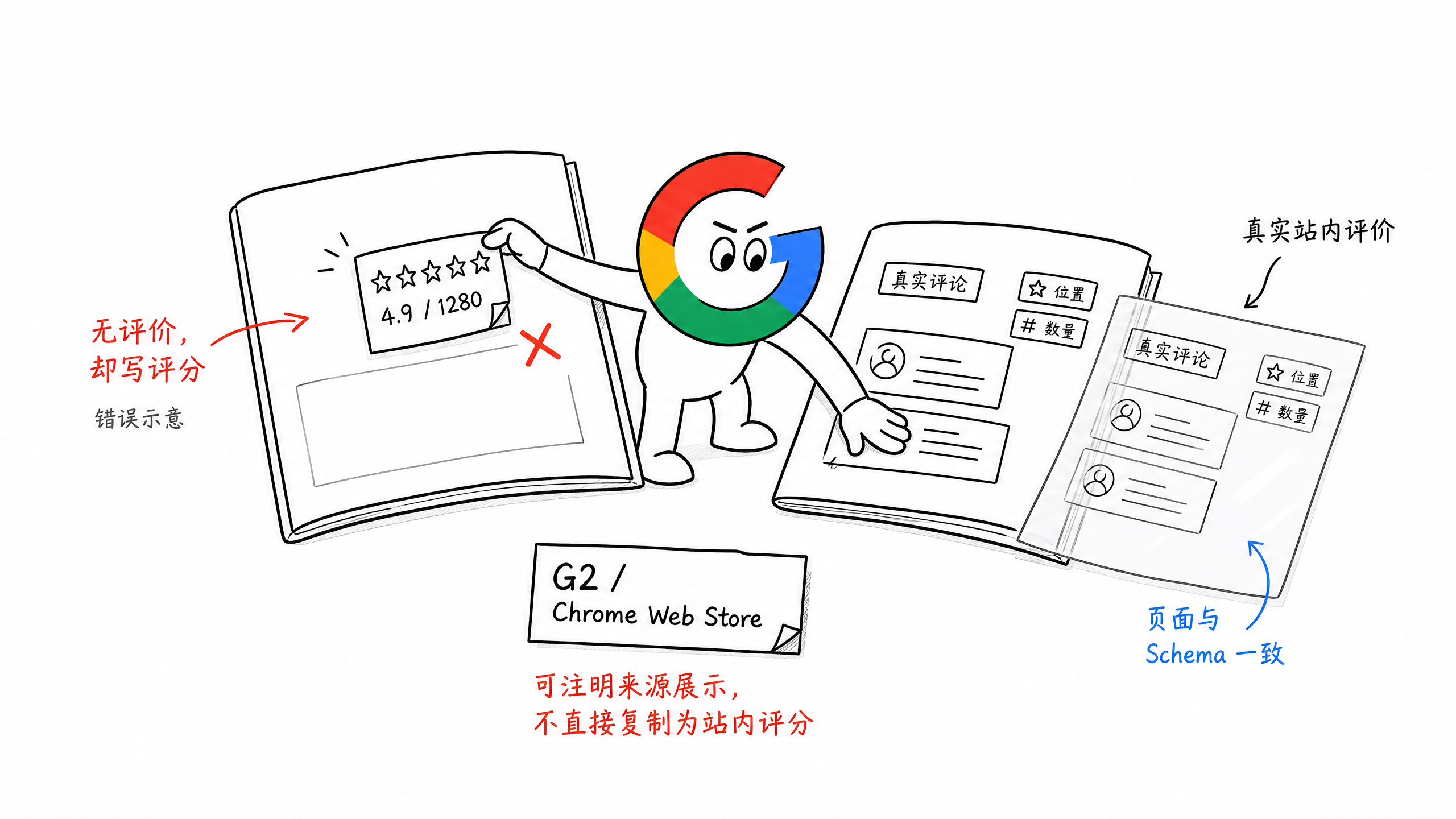 Schema 虚构评分与真实评价证据的正误对比