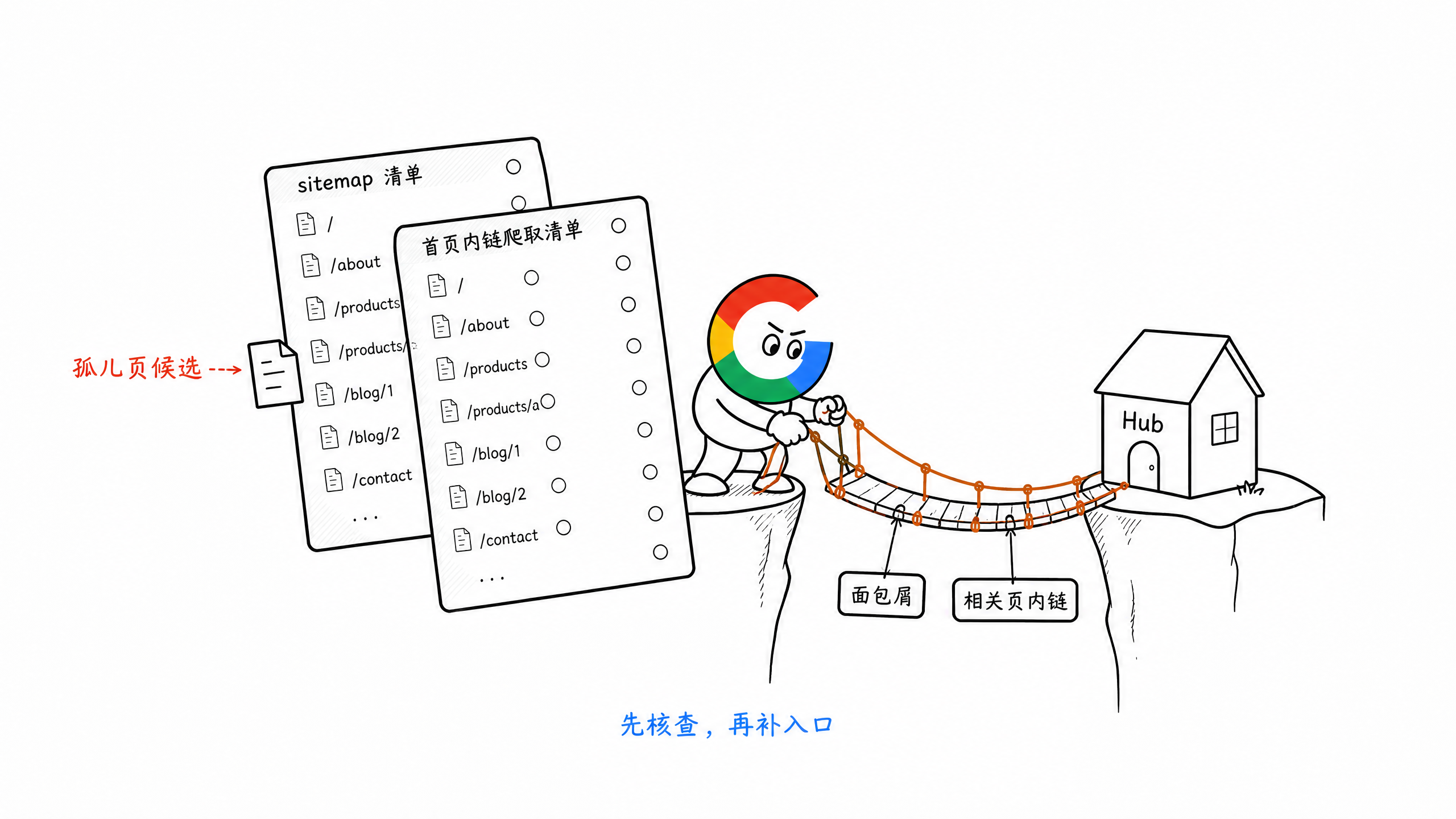 通过 sitemap 与站内抓取结果发现孤儿页并补充入口