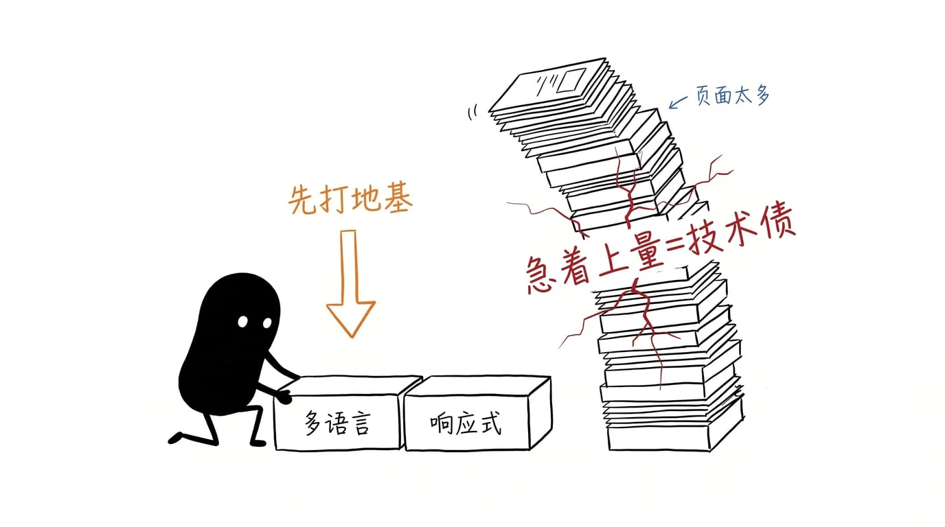 图 04:第一个月先打地基,多语言 + 响应式,急着上量全是技术债