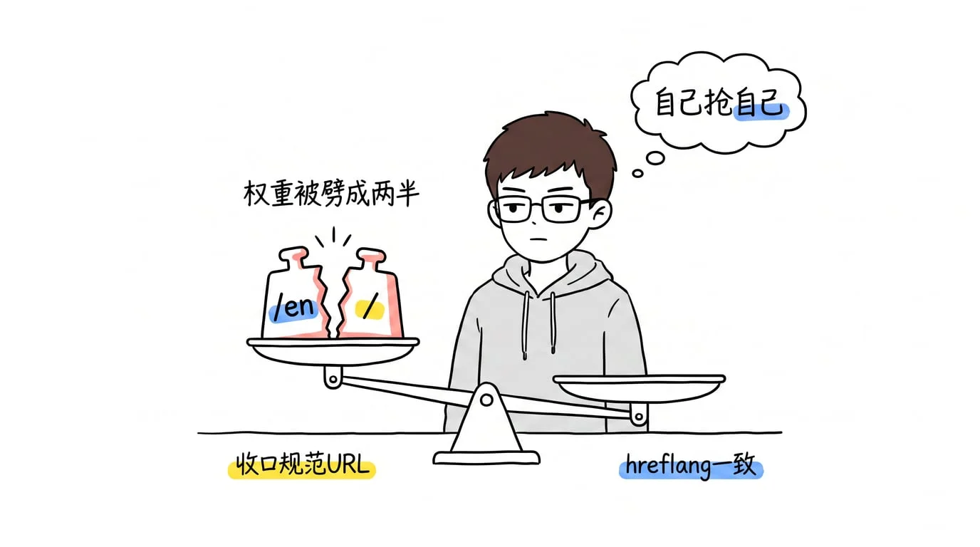 图 02：同一份内容挂在 /en 和根路径两个 URL，等于自己跟自己抢权重