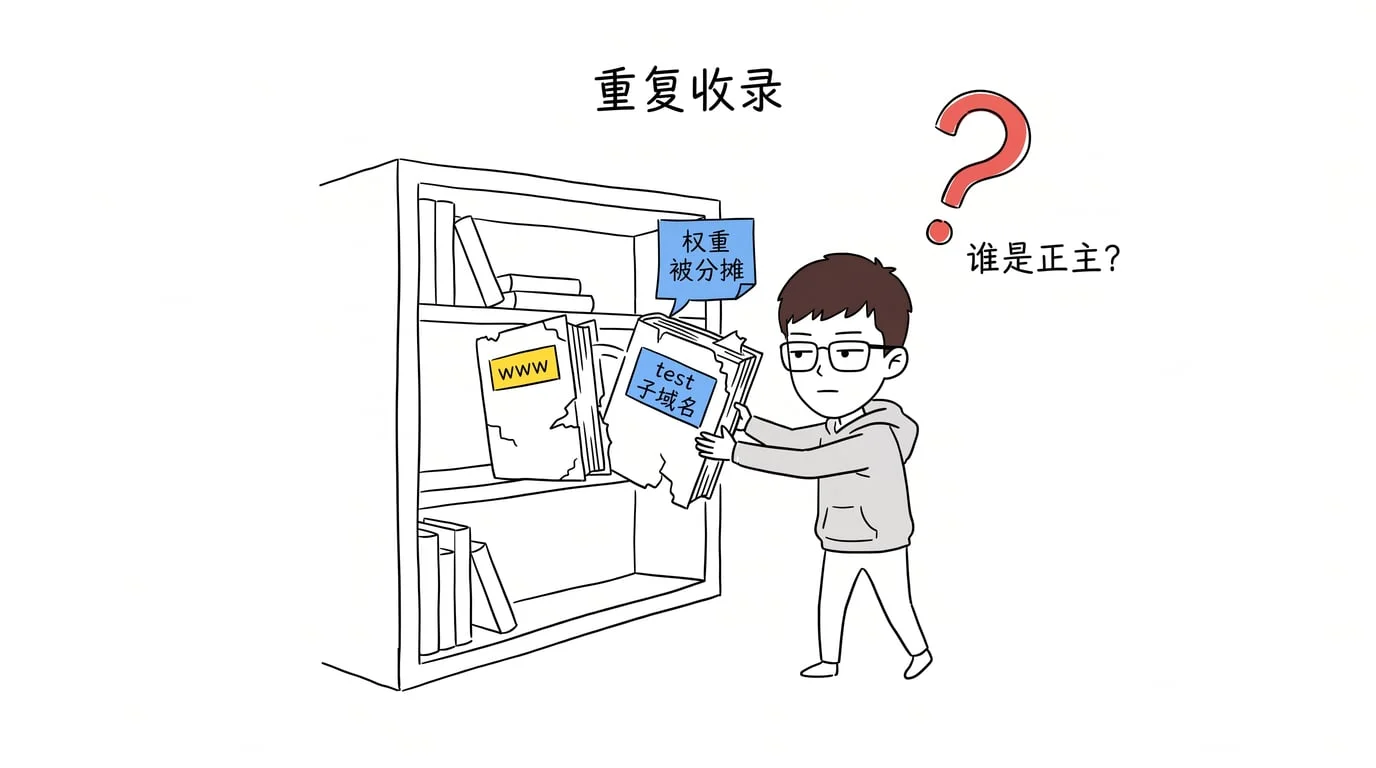 图 01：test 子域名和正式官网长得一模一样，Google 分不清谁是正主