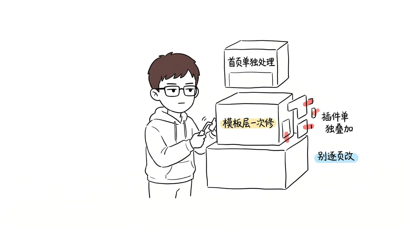 图 04：三层修复法，首页单独、模板层一次修、插件单独叠加